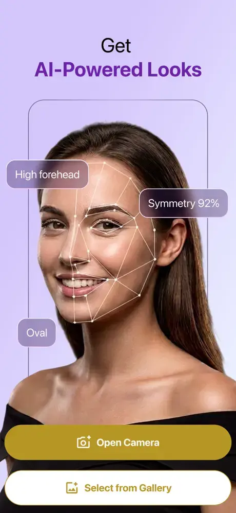 HairHunt AI face analysis marking face shape, forehead and symmetry before recommending styles