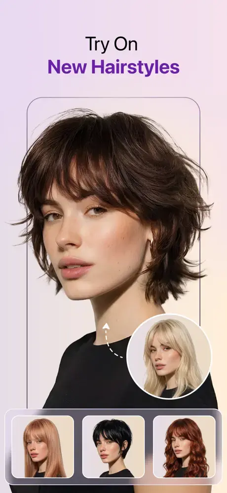 HairHunt trying on new hairstyles, with shag, pixie and long wavy variations on the same face