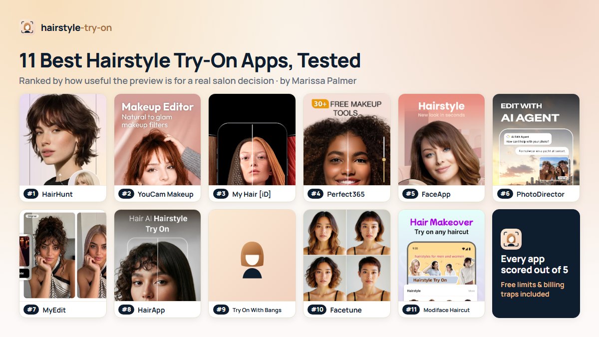 Collage of the 11 hairstyle try-on apps reviewed, ranked 1 to 11: HairHunt, YouCam Makeup, My Hair [iD], Perfect365, FaceApp, PhotoDirector, MyEdit, HairApp, Hairstyle Try On With Bangs, Facetune and Modiface Haircut: Hair Makeover